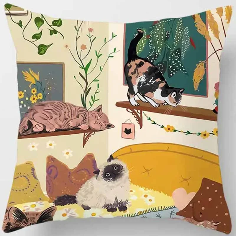 【Lazy Cat】Square Cushion Cover, 45x45cm, Home Sofa & Car Decorative Pillowcase