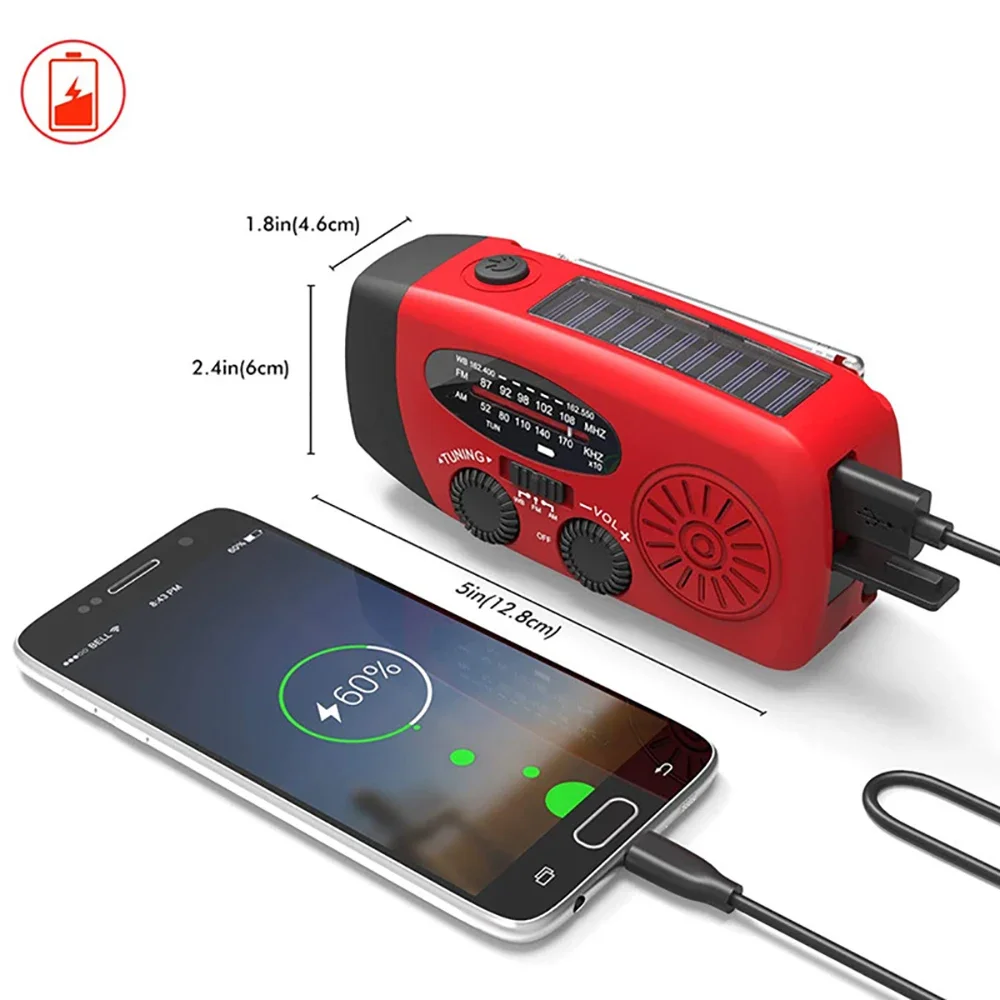 Rádio de Emergência Multi-purpose, Manivela Solar, USB Recarregável, Rádio FM Portátil, Lanterna em Baterias Carregador para Smartphone