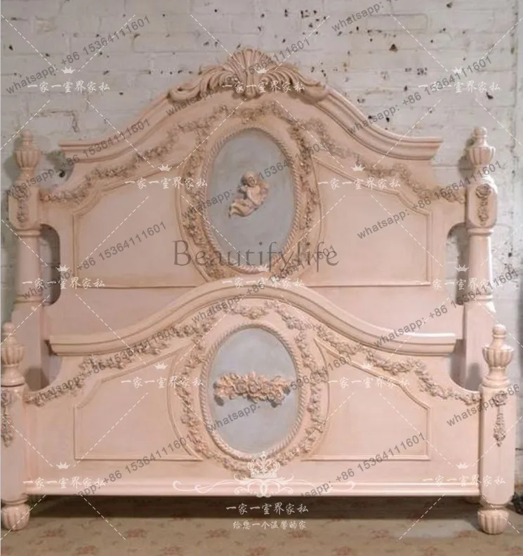French retro carved solid wood bed Caroline romantic pink American country bedroom wedding bed