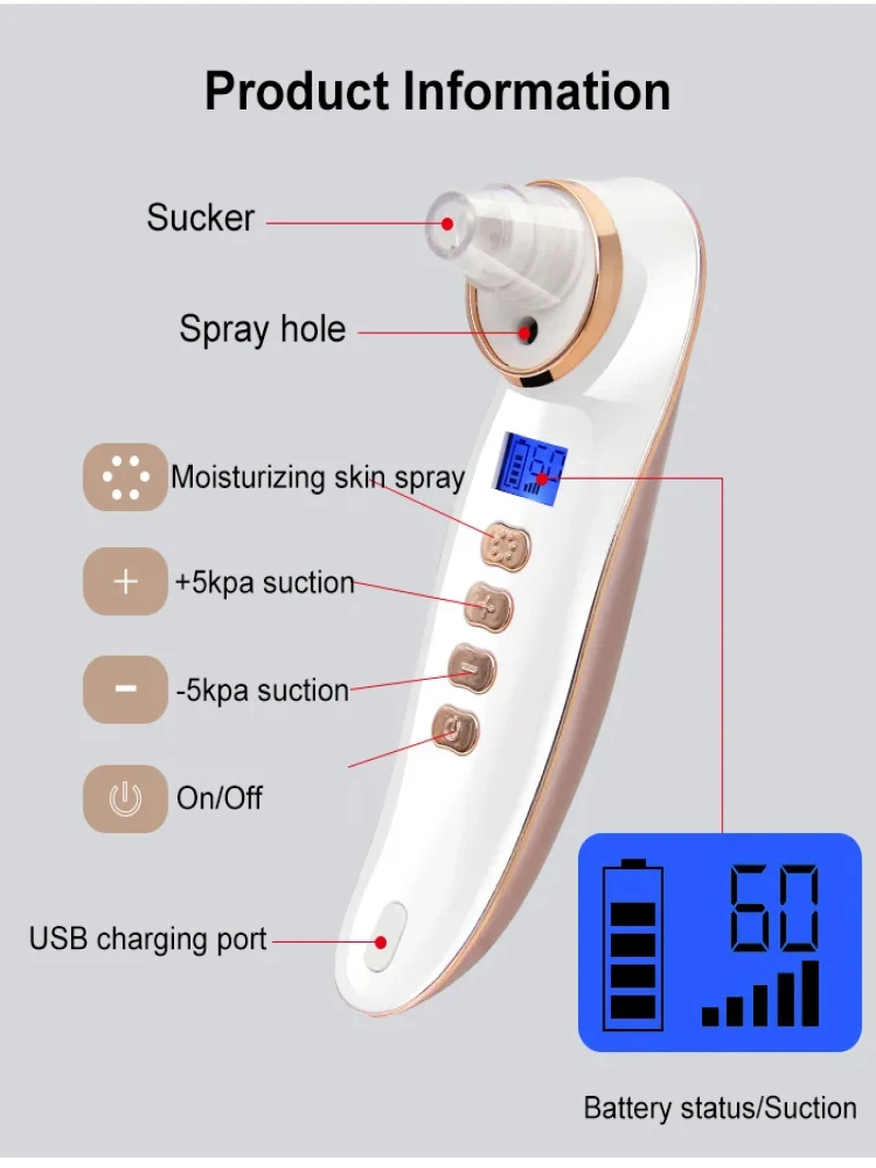 เครื่องดูดสิวเครื่องมือทำความสะอาดสิวหัวดำระบบไฟฟ้าสเปรย์ชาร์จไฟ LCD เพื่อความงามที่บ้าน