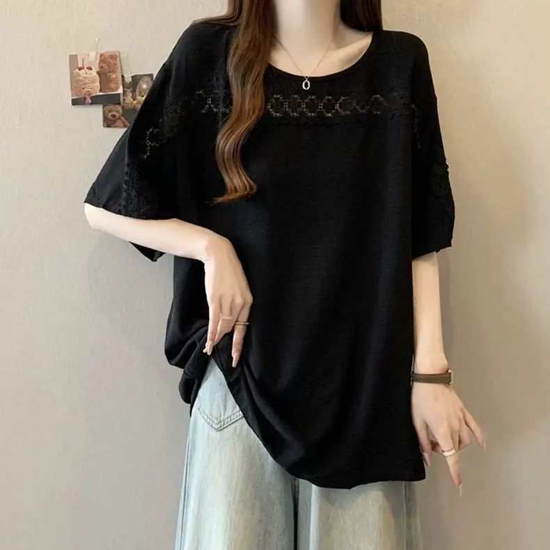 100KG PLUS ขนาดลูกไม้แขนสั้นเสื้อชีฟองผู้หญิงฤดูร้อนหลวมและขี้เกียจสไตล์เสื้อยืด TOP