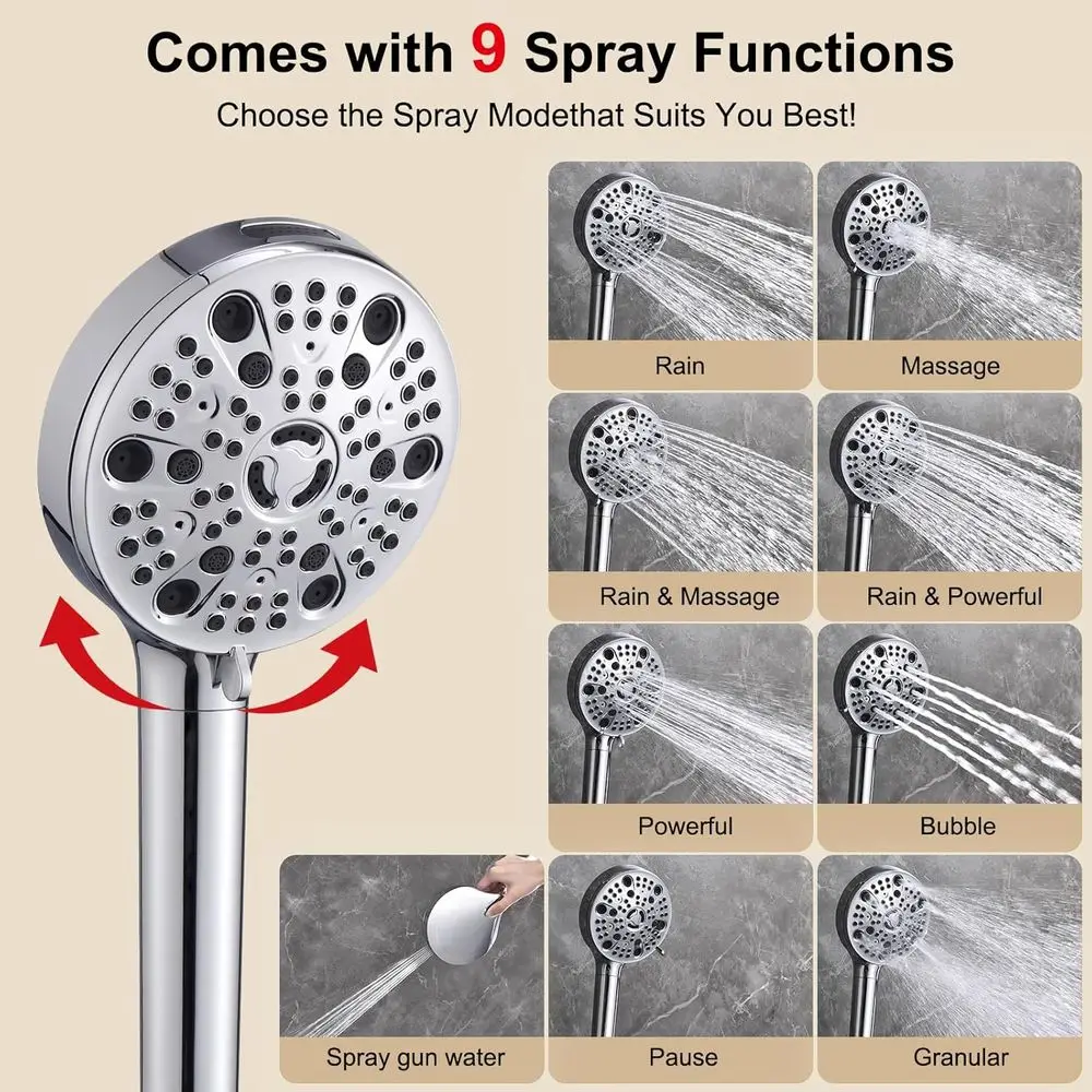 14 نظام دش مزدوج عالي الضغط مع 9 بخاخ، رؤوس محمولة وثابتة، 70 خرطوم، 11 ذراع تمديد، لمسة نهائية من الكروم