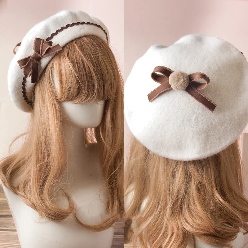 Handmade Women Wool Felt Beret Lolita Girls Cute Hat With Raised Bowknot Painter Beanie Cap