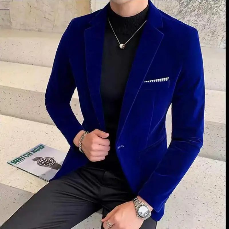 M-4XL Plus Size Men\'s Blazer Slim Fit Single Breasted Black Blue Red Velvet Formal Wedding Groom Tuxedos for Male