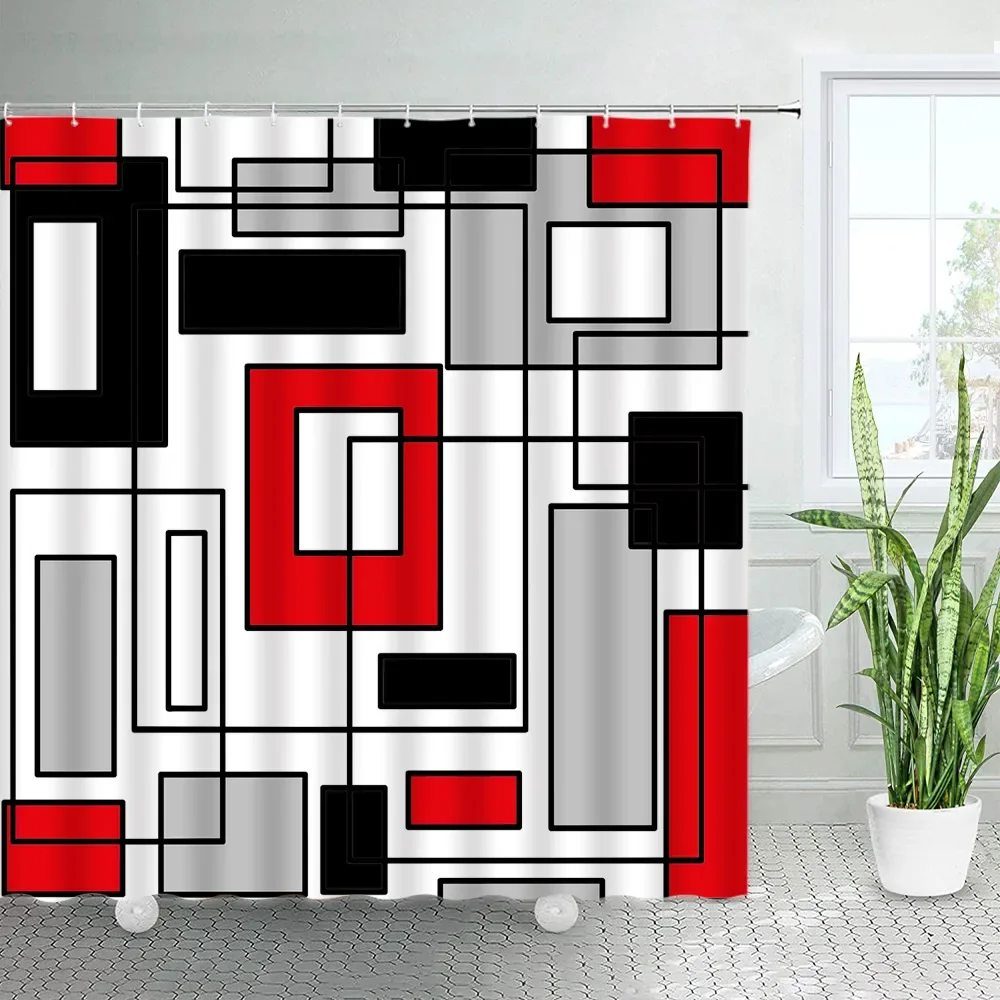 Creative Geometric Shower Curtains Red Black Grey Square Plaid Line Modern Abstract Art Printing Bathroom Decor Bath Curtain Set