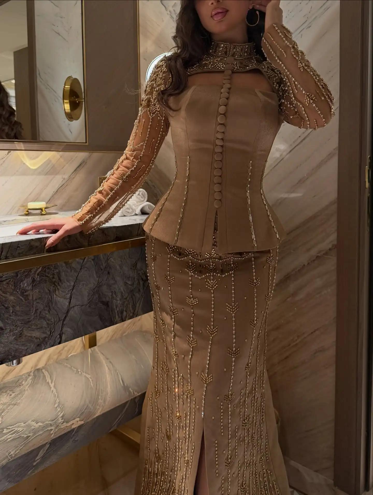 Arabia Camel Mermaid Chest Cut-out Evening Gowns Full Rhinestones Beads Floor Length Two Pieces Sparkly Celebrity Prom Gowns