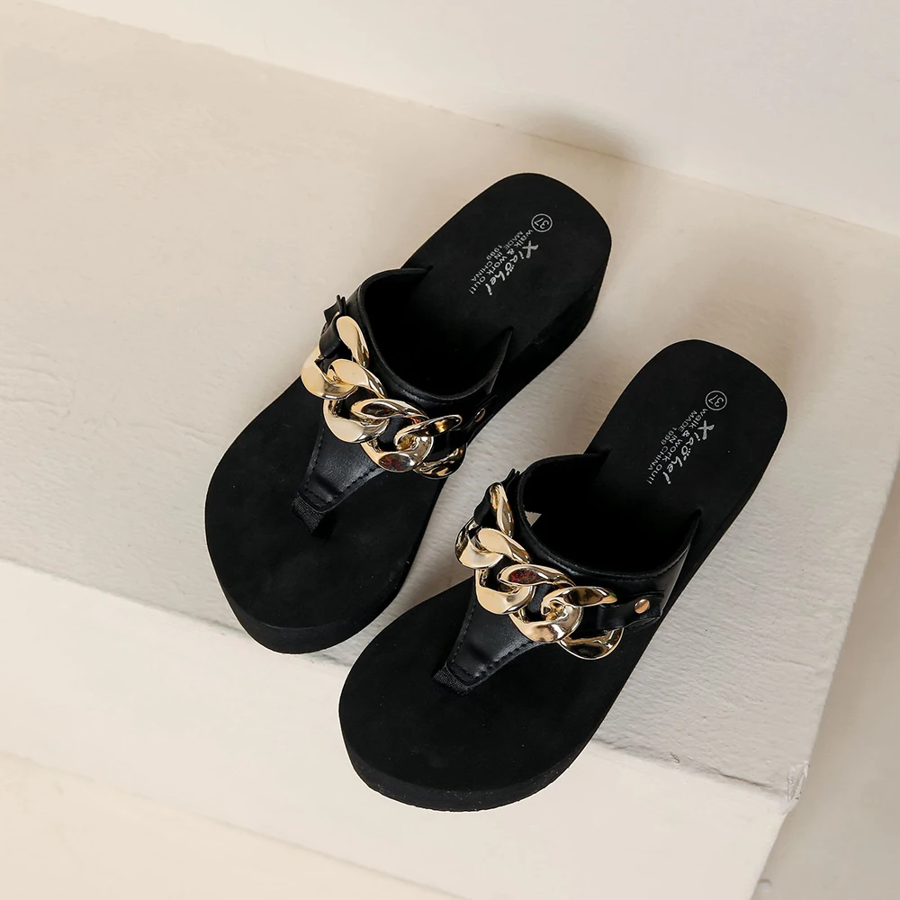 Women Summer Slippers Vacation Flip Flop 6cm Platform Sandals With Chain Charms Beach Non-Slip Slides Casual Outdoor Shoe Female