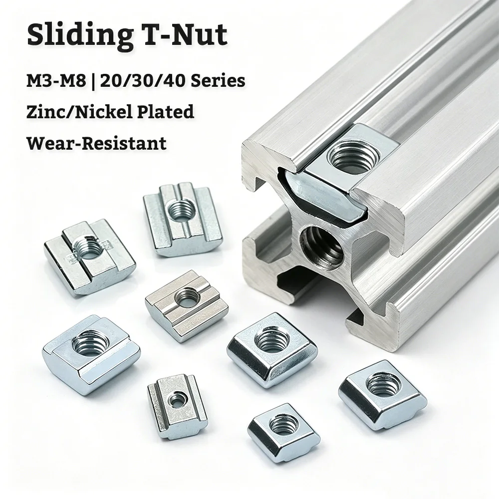 100-10Pc Sliding T-Nut for 20/30/40 Series – M3-M8 Slide-in Hammer Head T-Slot Nuts, Carbon Steel Zinc Plated for 3D Printer CNC