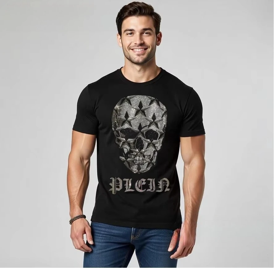2026 Neues Cooles Luxus-Kristall-Strass-Herren-T-Shirt aus Reiner Baumwolle mit O-Ausschnitt, Kurzarm, Sommer-Street-Style, Weich und Bequem – Detail 4