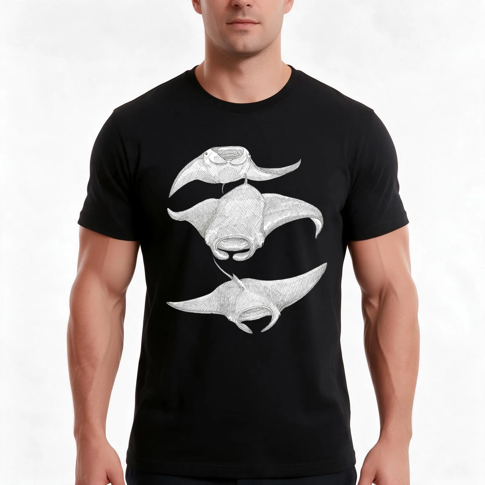 Three Manta rays T-Shirt, Summer Casual Cotton Tee, Oversized Streetwear Tops, Vintage Graphic Print, Loose Fit Short Sleeve