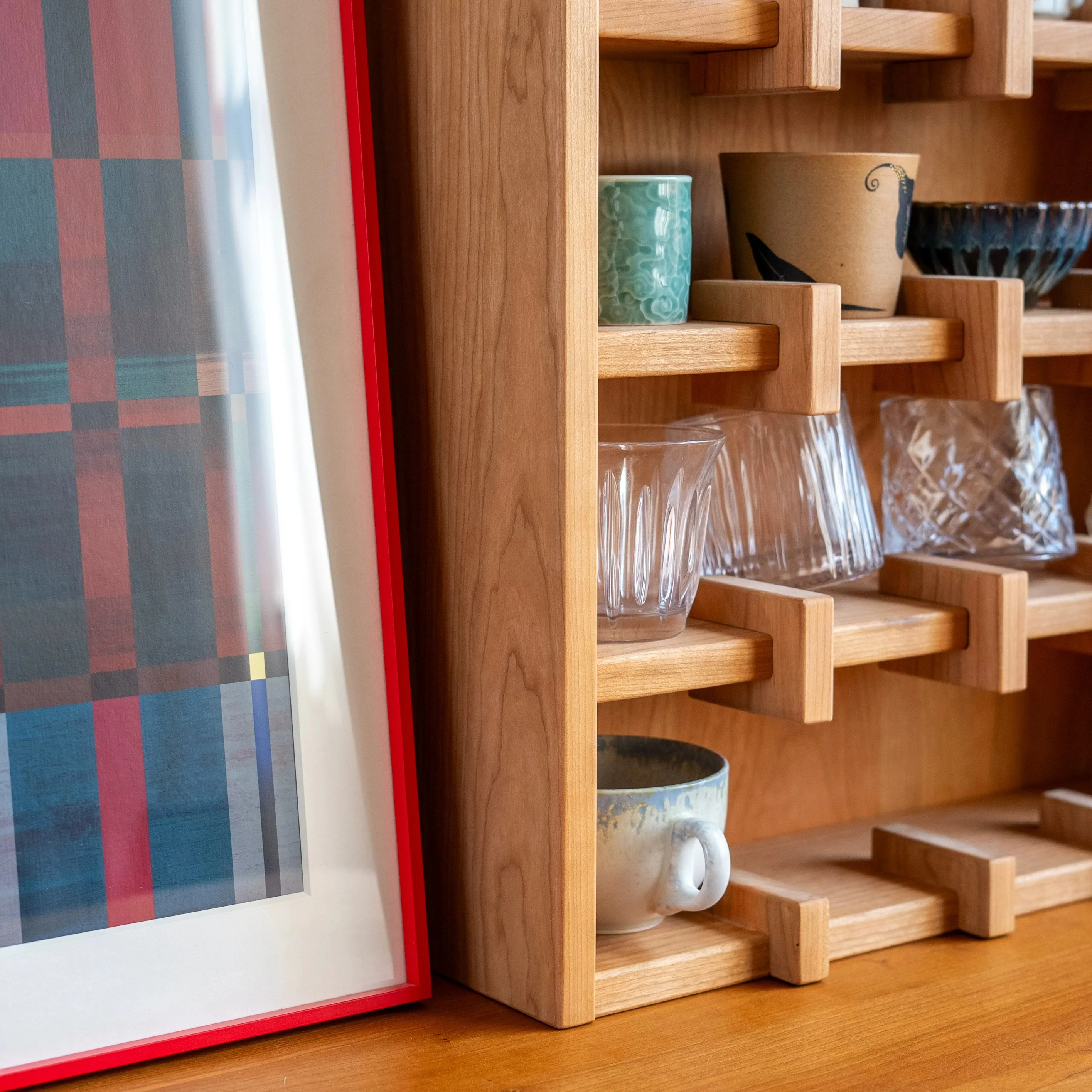 Solid Wood Desktop Coffee Mug Display Rack Multi Grid Cup Storage Organizer Shelf Kitchen Cafe Countertop Tea Cup Collection
