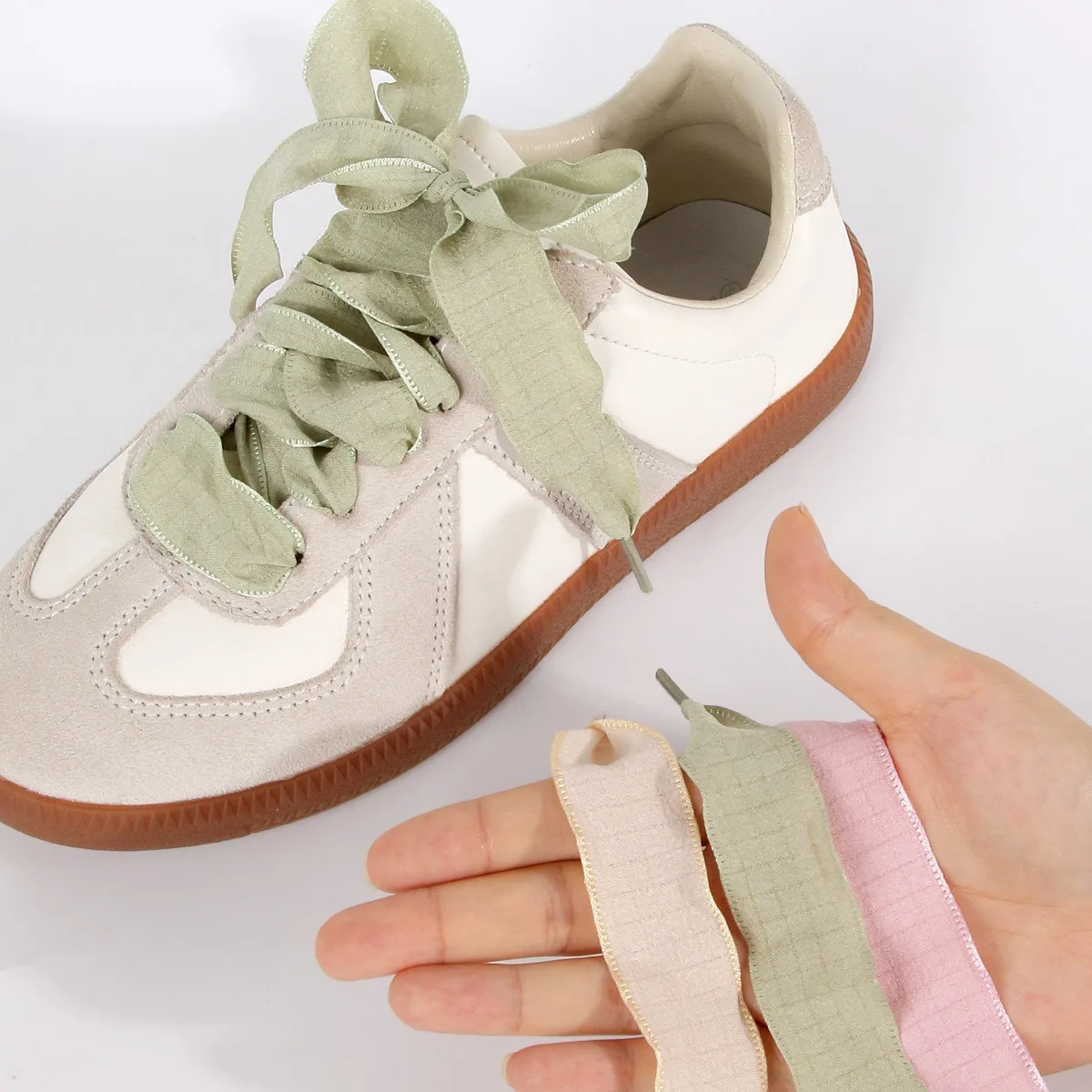 Pastel Color Ruffled Pleated Ribbon Shoelaces Flat Chiffon Sweet Bow Shoe Strings for Sneakers Casual German Trainers