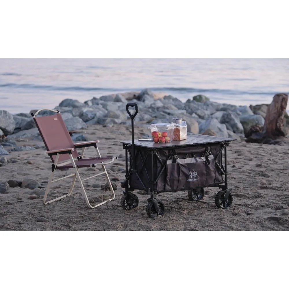 Folding Utility Wagon, Heavy Duty Outdoor Beach Cart with Table and Side Pocket, Brown
