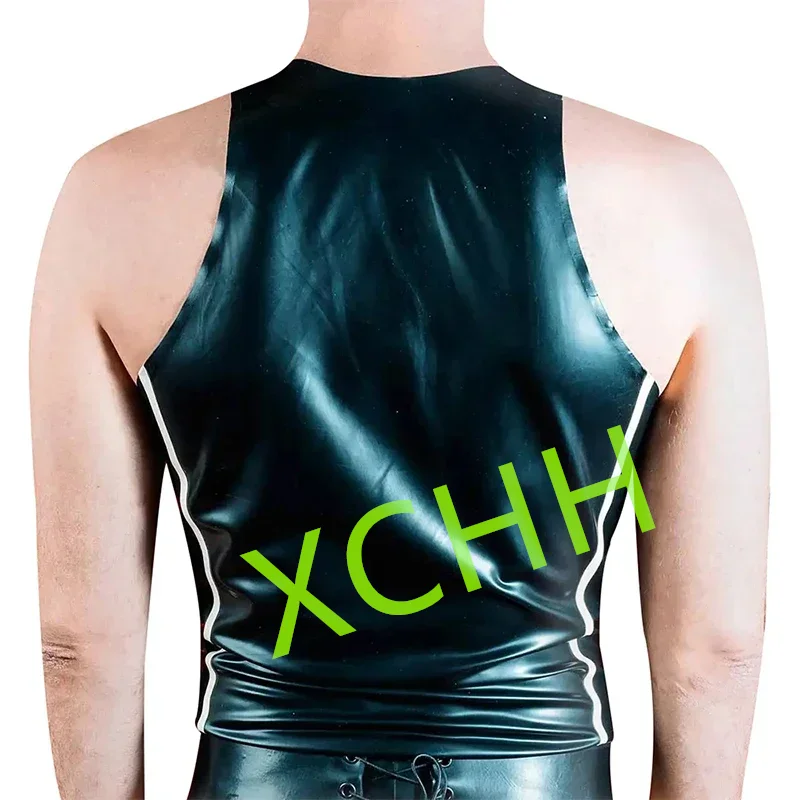 

Handmade Sexy Latex Tank Sleeveless Rubber Vest Top Black with White Stripes for Men Cosplay Costumes