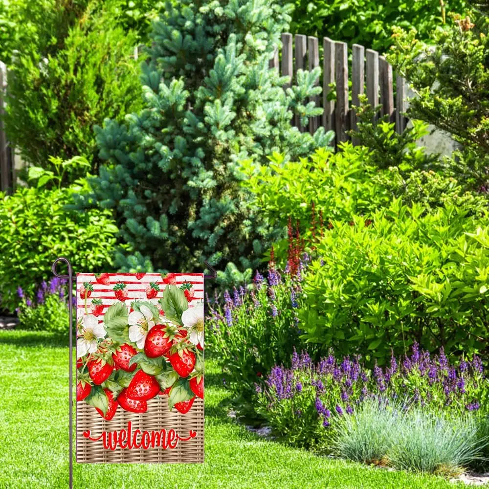 Strawberry Garden Flag 12x18 Inch Double Sided Strawberries Summer Welcome Yard Flags for Outside Farmhouse Front Porch Lawn PPZ