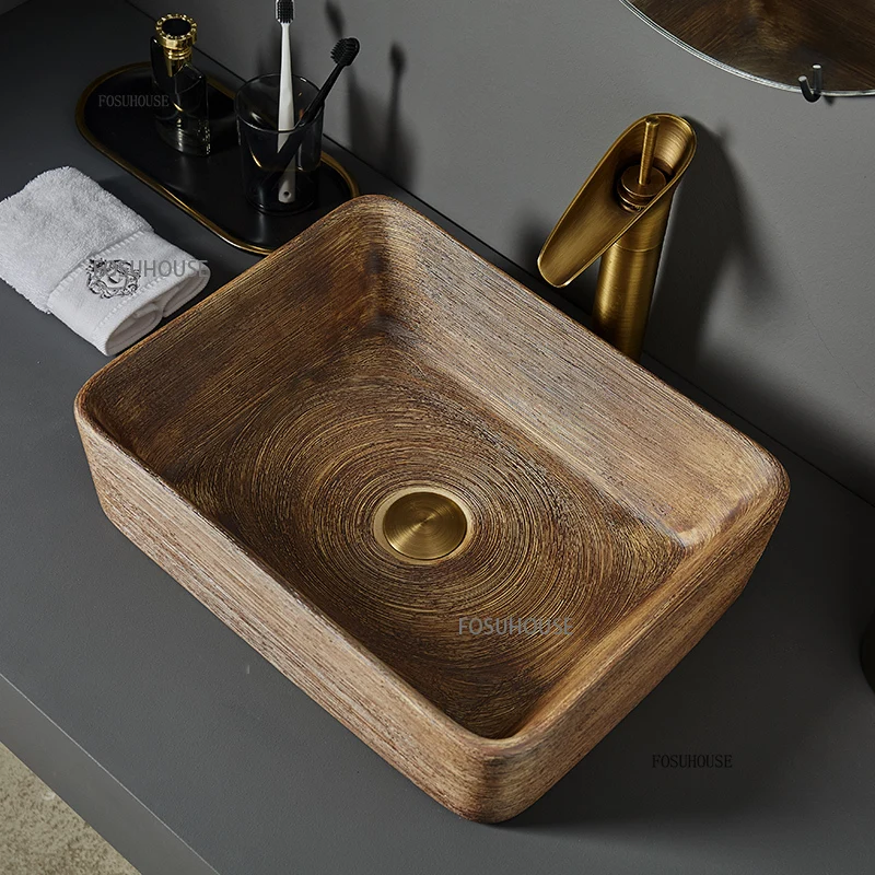 #Moroccan Vintage Ceramic Basin Hotel Toilet Creative Rectangular Platform Brown Wash Basin Modern Household Art Bathroom Sinks