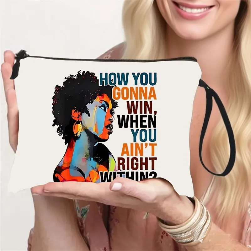 African American Woman Profile Cosmetic Bag with Wrist Strap Inspirational Quotes Text Storage Bag Stationery Storage Bag Wash B