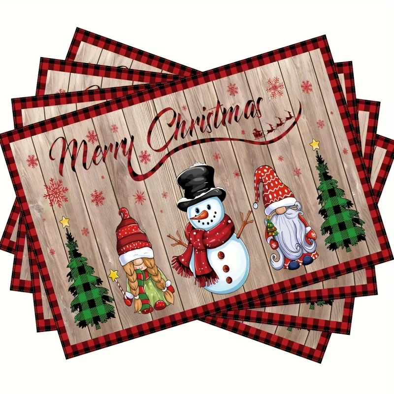 Christmas Snowman Gnome Tree Linen Placemats, Wooden Grain Buffalo Plaid Table Mats, Xmas Dining Home Decor