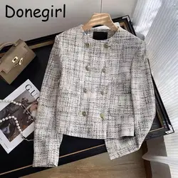 Donegirl 2023 New Women Plaid Texture Double-breasted Button Short Jacket Coat Spring Autumn Slim Simple Tops Female Chic