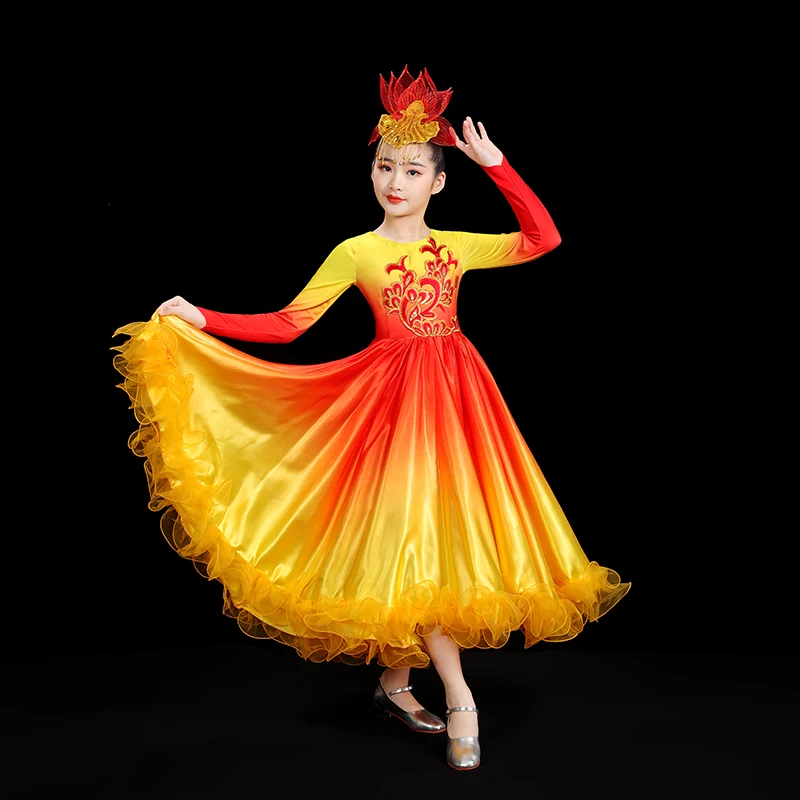 Dziewczęce hiszpańskie sukienki do tańca Flamenco 360/540/720 stopni puszysta duża spódnica typu swing chór otwarcie taniec występ na scenie kostium