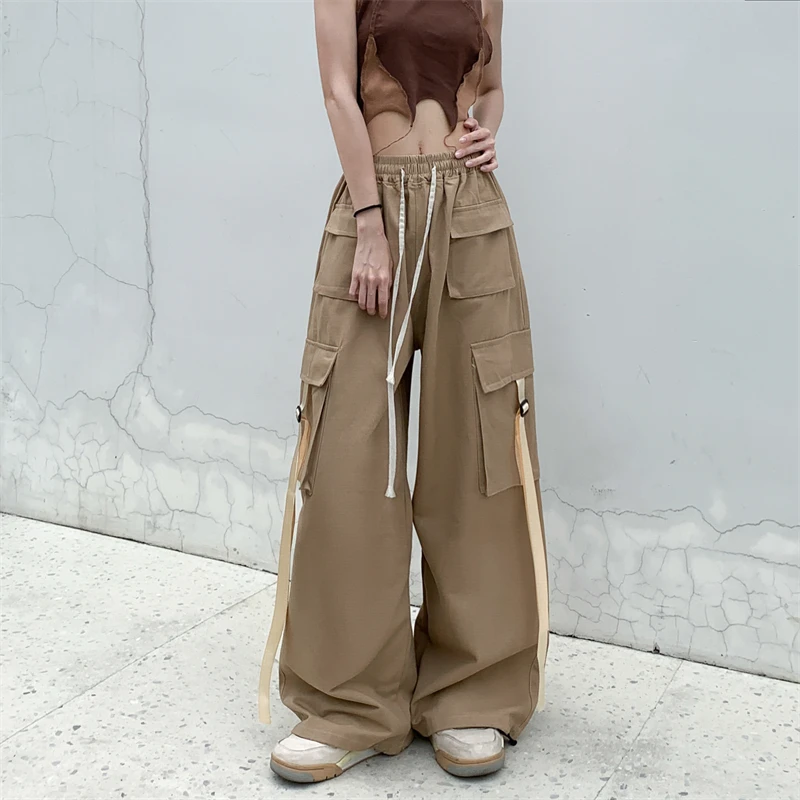 Cotton High Street Cargo Pants for Women Men with Ribbon High Waist Wide Leg Hip-hop Cool Dances Pants Ladies