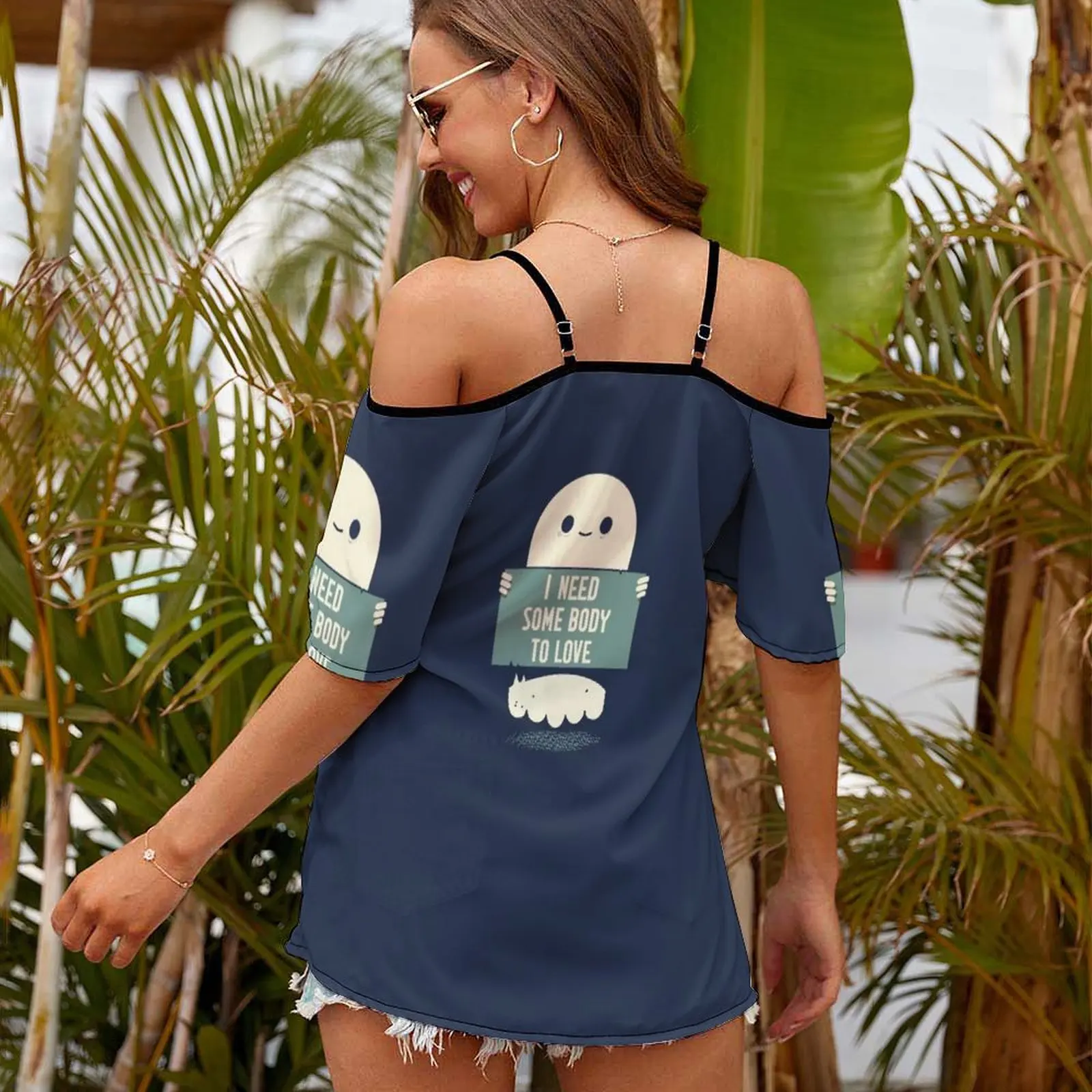 The Obvious 2035 Women Print T Shirt Casual Off Shoulder Loose Pullover Tops Fashion Clothes Ghost Love Nice Cute Queen Song