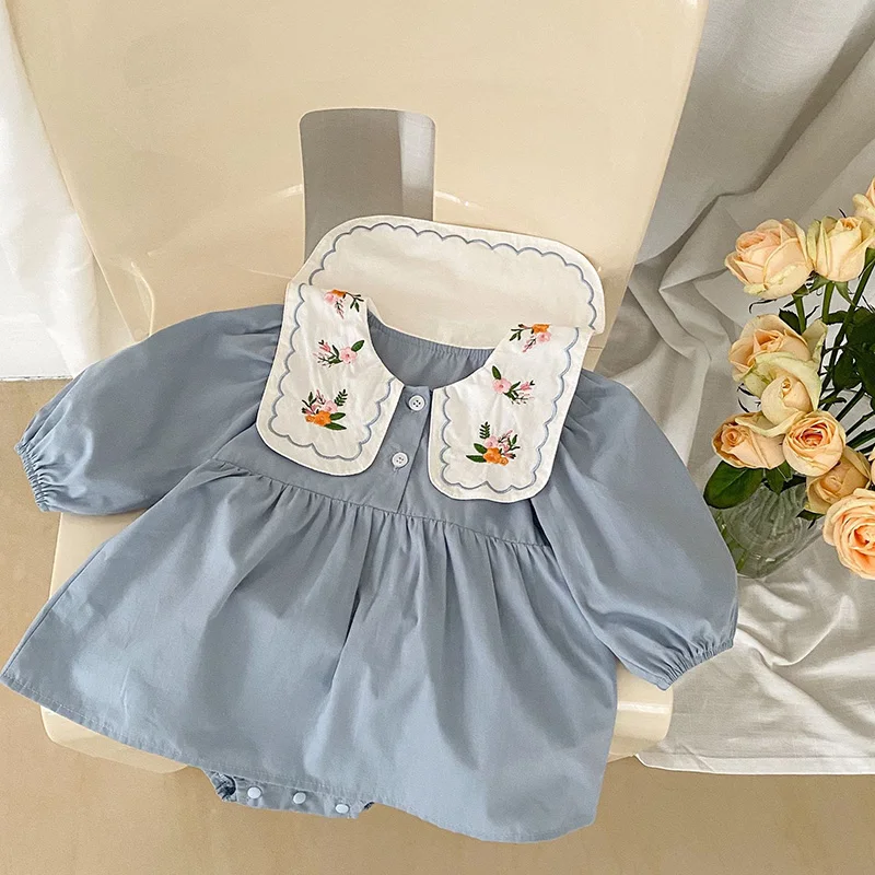 Spring Quality Embroidery Peter Pan Collar Toddler Baby Girl Bodysuit Dress Cute One Piece Infant Jumpsuits