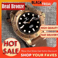 Tandorio CUSN8 Solid Real Bronze Automatic Watch for Men NH35A PT5000 Movement 20BAR Diving Leather Strap Sapphire Crystal 40mm