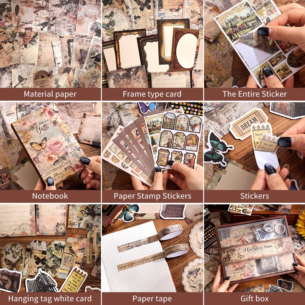 201 Pcs Vintage Aesthetic Scrapbook Paper Set Bullet Junk Journal Kit With Scrapbook Paper Tape DIY Materials For Journaling