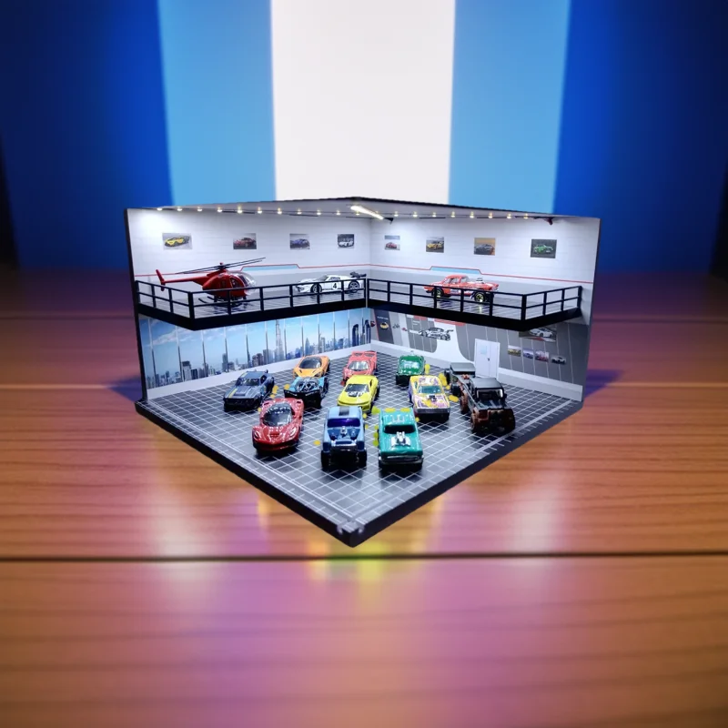 1/64 1/18 1/24 1/32 1/43 Scale Car Garage Diorama Models Set Scene LED Parking Lot Model for Matchbox Hot Wheels Collection