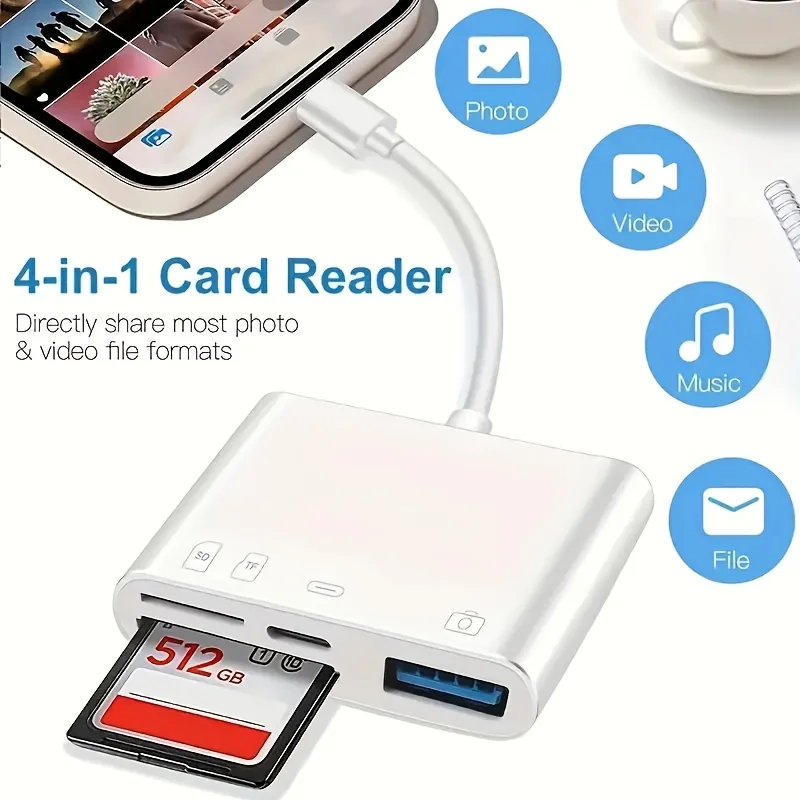 قارئ بطاقات OTG 4 في 1 متوافق مع ذاكرة كاميرا بطاقة SD/TF لهاتف iPhone 16 وسامسونج وهواوي وشاومي للشحن السريع