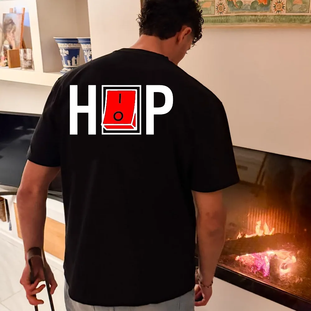 HOP Power Switch Symbol Graphic Shirt Men Back Print Minimalist Industrial Circuit Design Cotton Short Sleeve Unisex Casual Tee