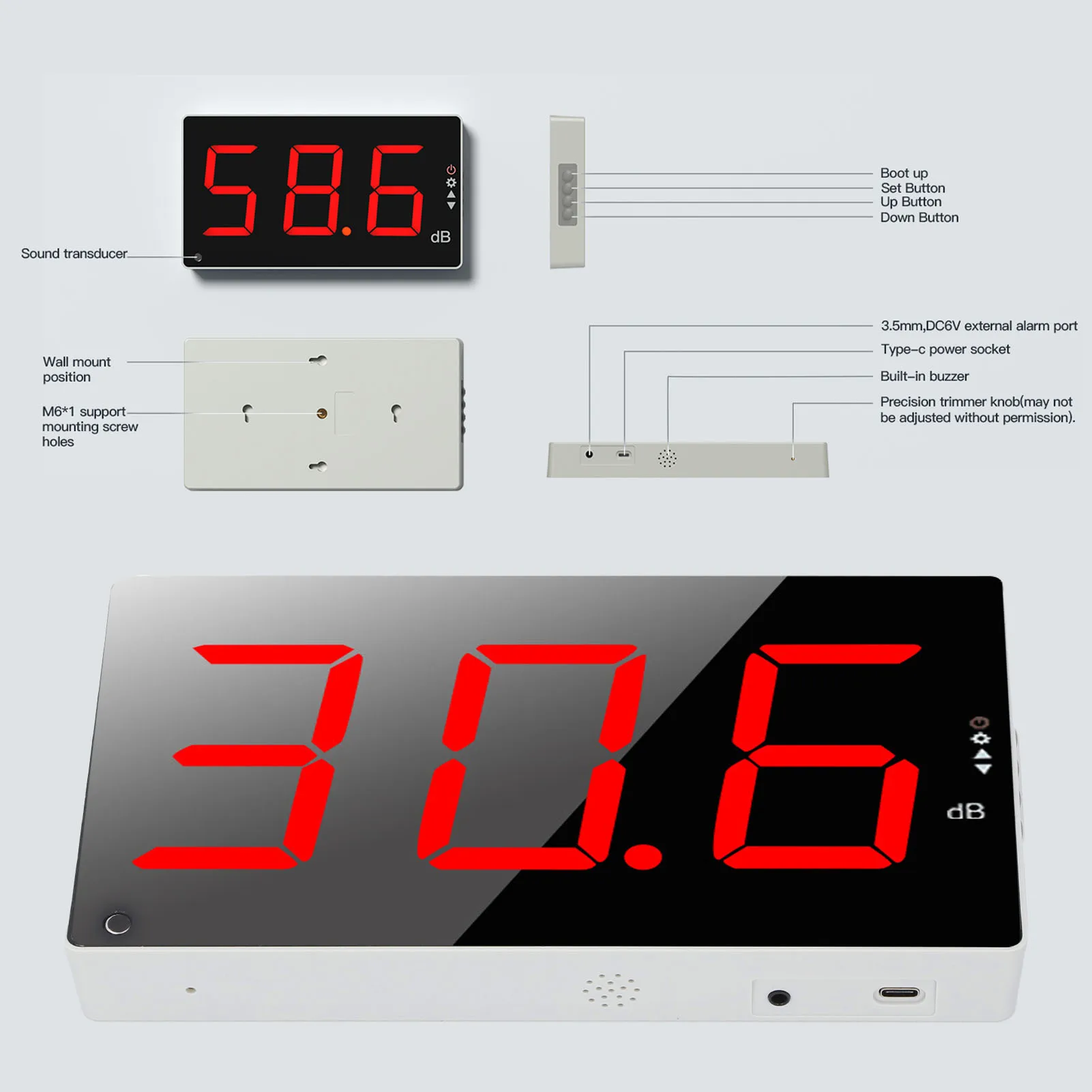 Digital Large Screen Sound Level Meter 3Inch Large LCD Screen 30-130dB Range Wall Mounted Decibel Noise Meter with Audible Alarm