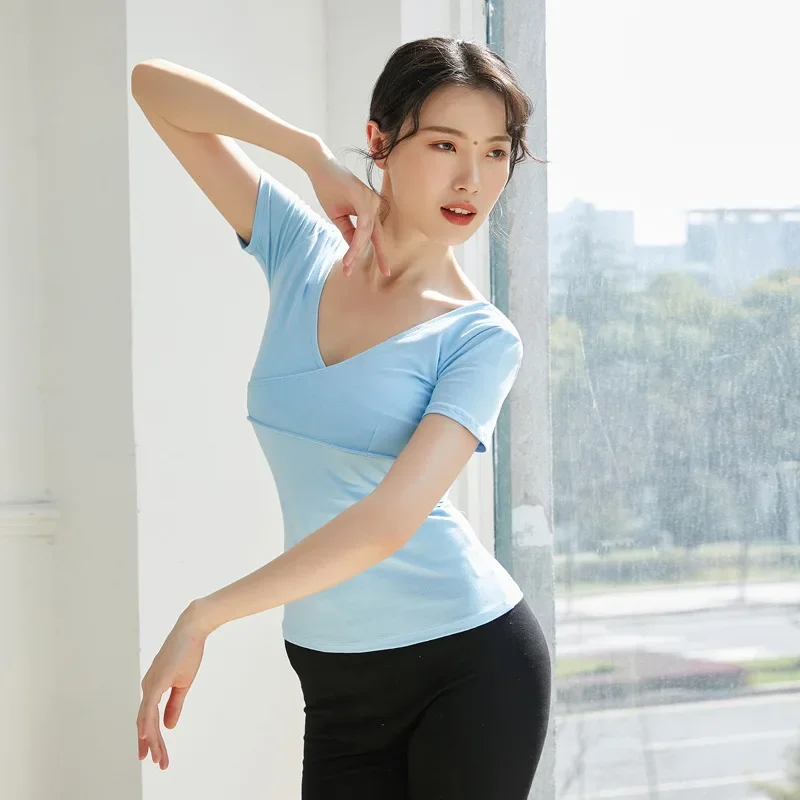 Costumes de danse latine pour femmes et adultes, haut basique, entraînement de Ballet, col en v, manches courtes, gros, grande taille 5XL, 2024