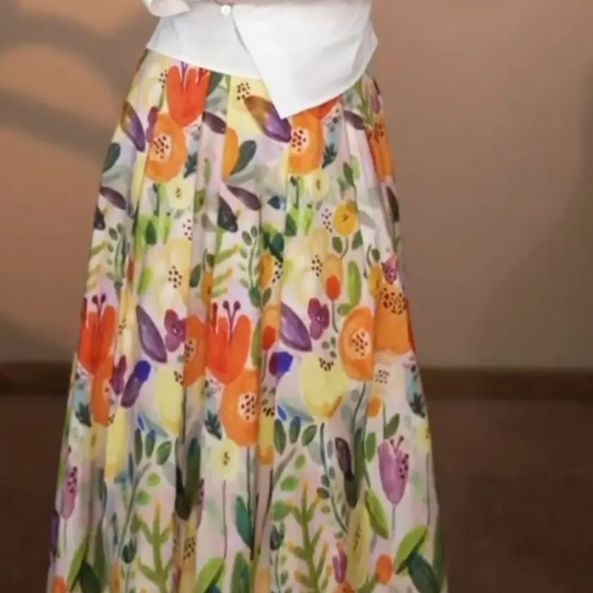 Summer  niche dopamine high waist meat cover fresh floral medium and long skirt  korean fashion clothing