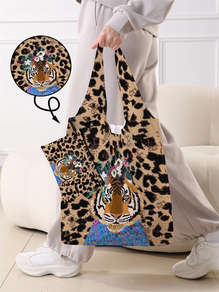 Faltbare Damen-Einkaufstasche mit Leoparden-Tiger-Muster, faltbare Aufbewahrung, wiederverwendbar, leicht zu tragende Handtasche mit Kapazität – Detail 3