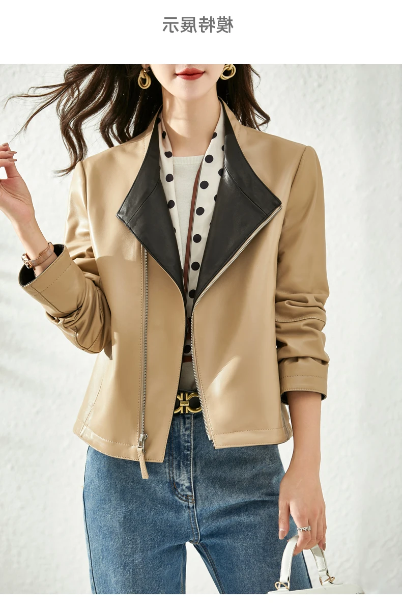 Genuine Leather Coat Women's  New Sheepskin Short Fit Simple Collarless Spring and Autumn Single Leather Coat Jacket