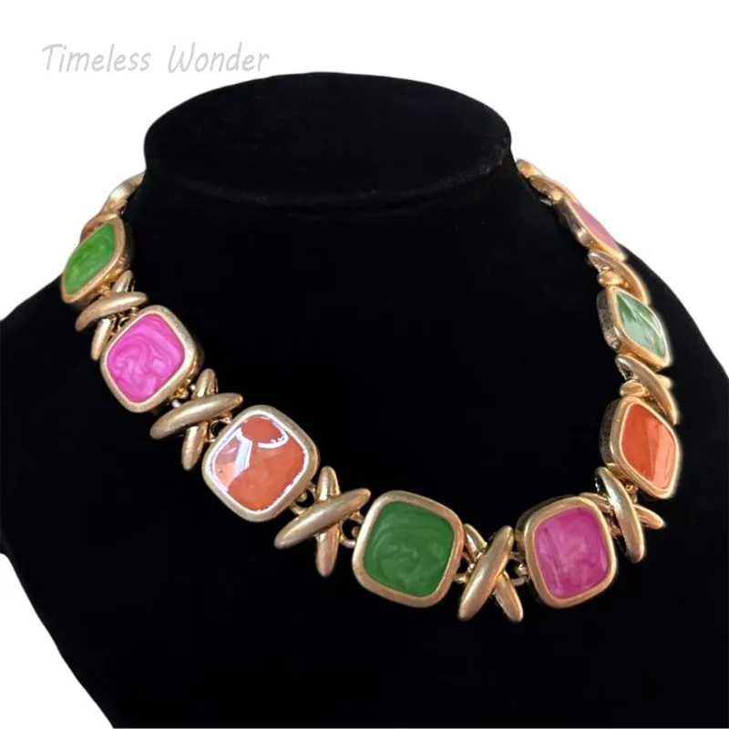 Timeless Wonder Fancy Enamel Geo Pave Necklace for Women Designer Jewelry Rare Chinese Style Gift Trendy Sweet 3620