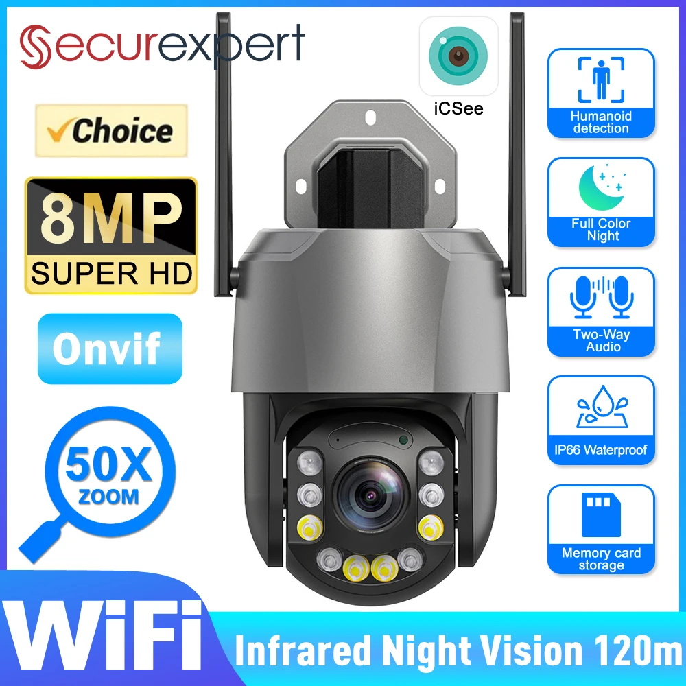 

Securexpert 5/8MP 50-кратный зум PTZ-камера WiFi 4K Ultra HD 20X наружное наблюдение 120 м сверхдлинная ИК-камера видения ONVIF камера безопасности
