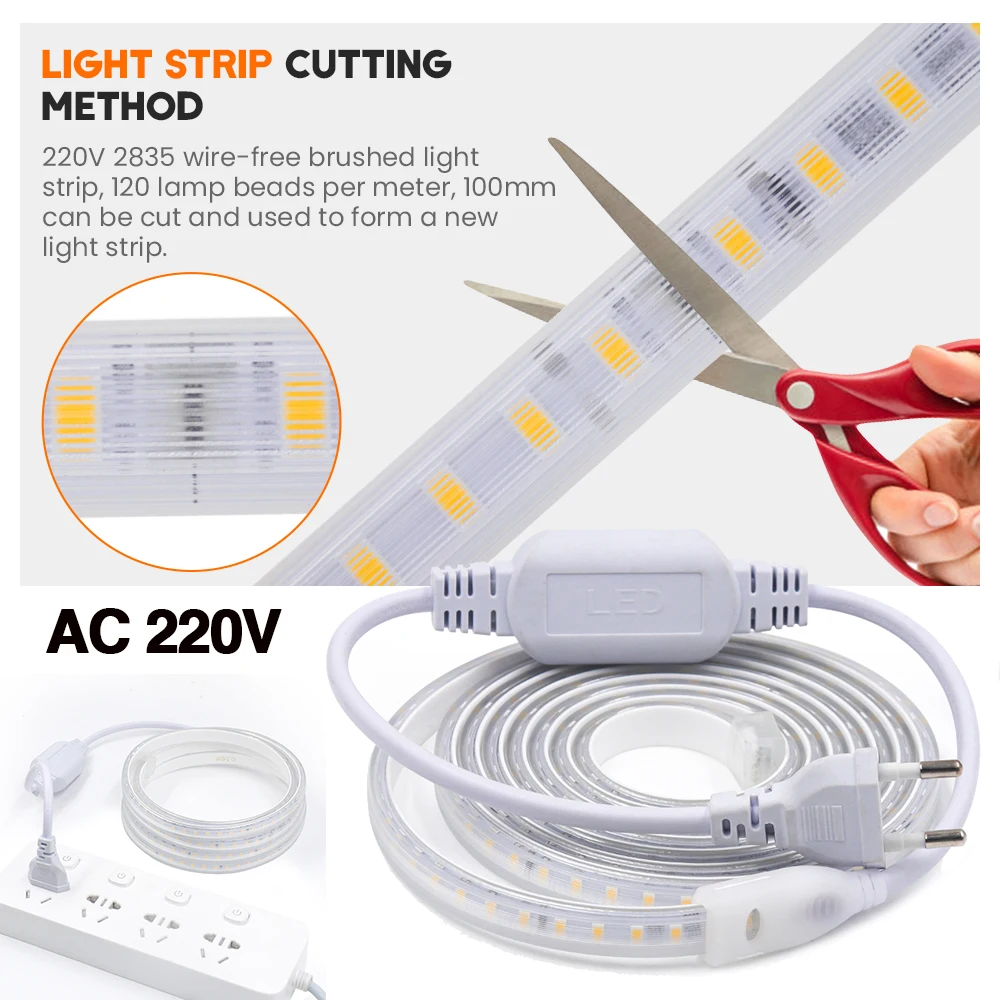 LED Strip AC 220V IP65 Waterproof SMD 2835 120Leds/M Warm/Natural White 3000K 4000K Home Garden Decor Flexible Ribbon Rope Light