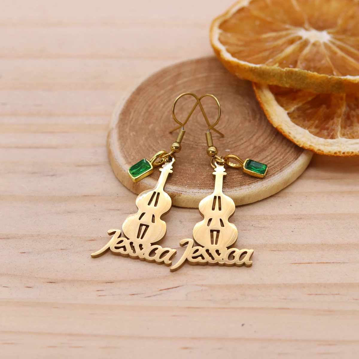 Chandler Custom Name Violin Earrings with Green Zircon, Musical Instrument Themed Dangle Earrings, Ethnic Jewelry for Women