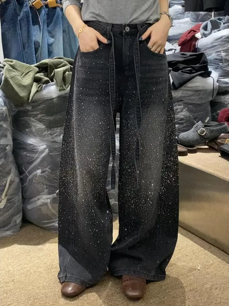 American Retro High Waist Denim Jeans Women Loose Floor-Length Splicing Drill Glittering Fashionable Lazy Sensation Pants