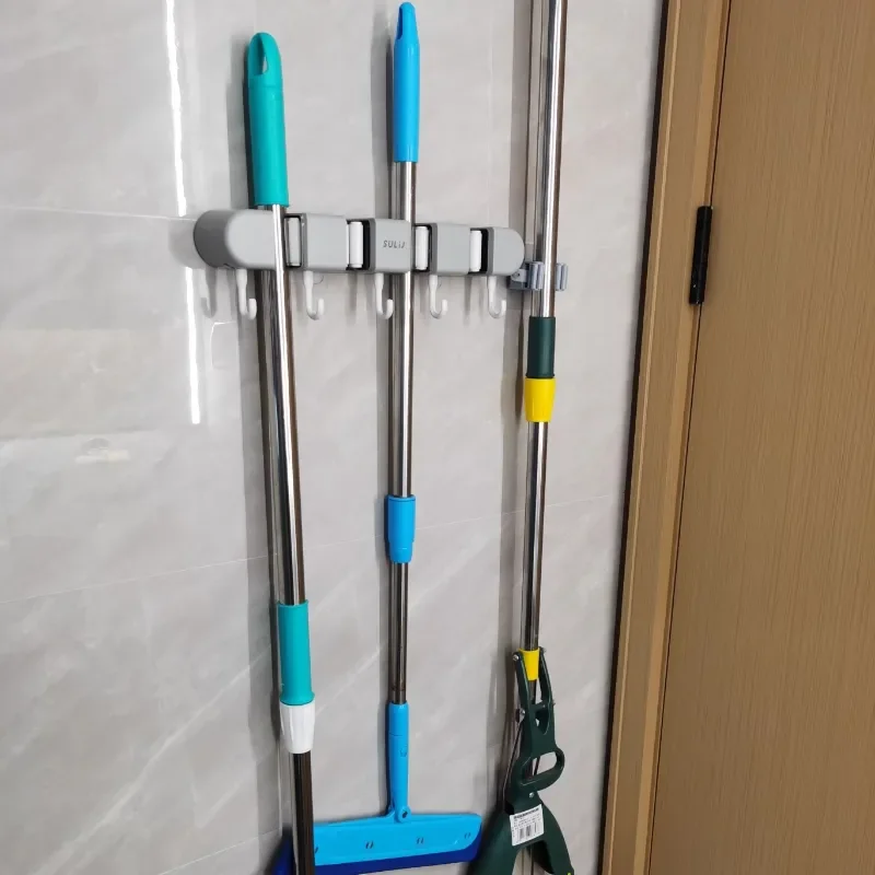 Broom Mop Holder with Hooks Wall Mounted Broom Storage Rack No Drilling Self-Adhesive Kitchens Organizer Multifunction Holder