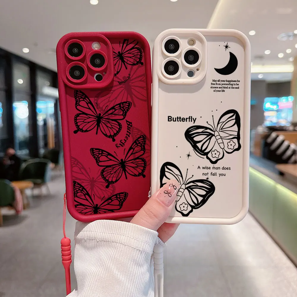 Cute Black Butterfly Case For Samsung A03 A05S A10S A11 A12 A20S A21S A13 A14 A54 A34 A53 A71 A73 A25 A15 Cover With Hand Strap