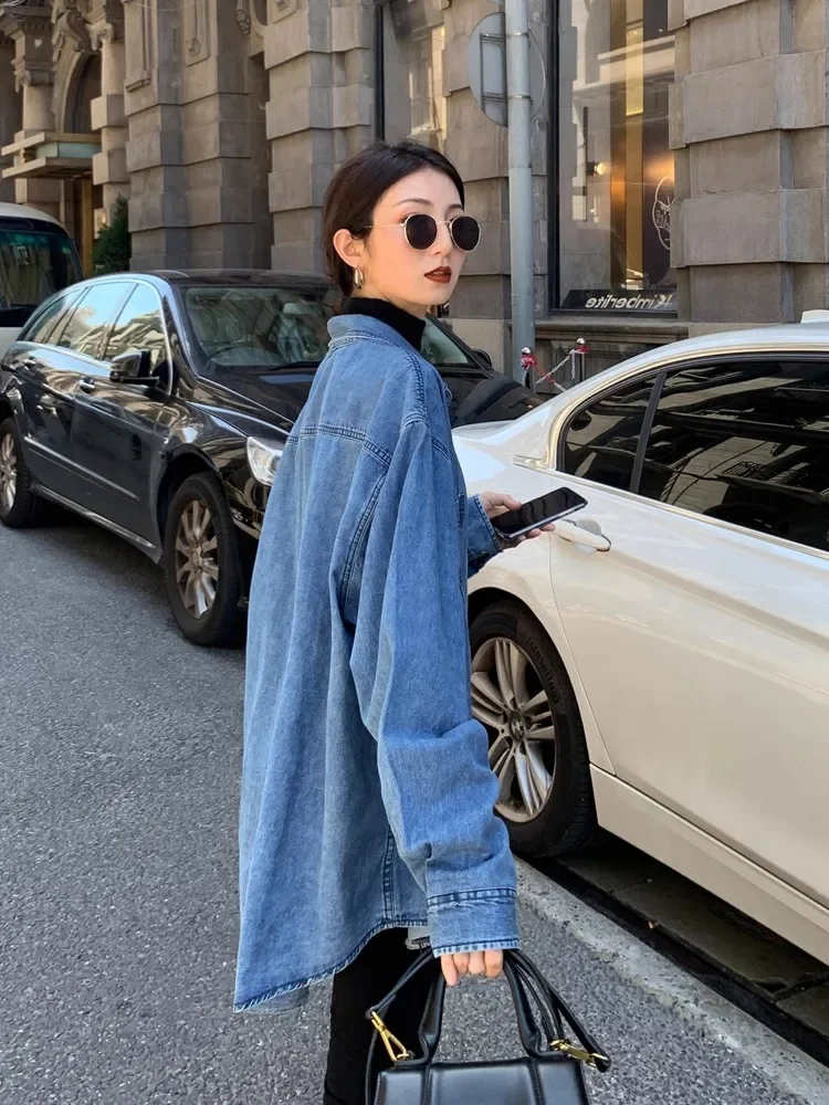 Minimalist Denim Shirt Women's Autumn And Winter New Korean Version Blue Lapel Long Sleeved Loose Top