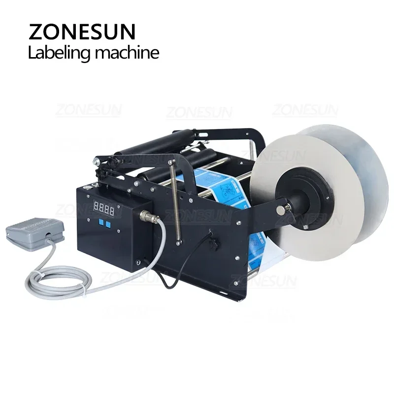 ZONESUN Electric Pedal Labeling Machine 160mm Sticker Label Round Juice Glass Plastic Bottle Small Equipment Labeler ZS-TB16P