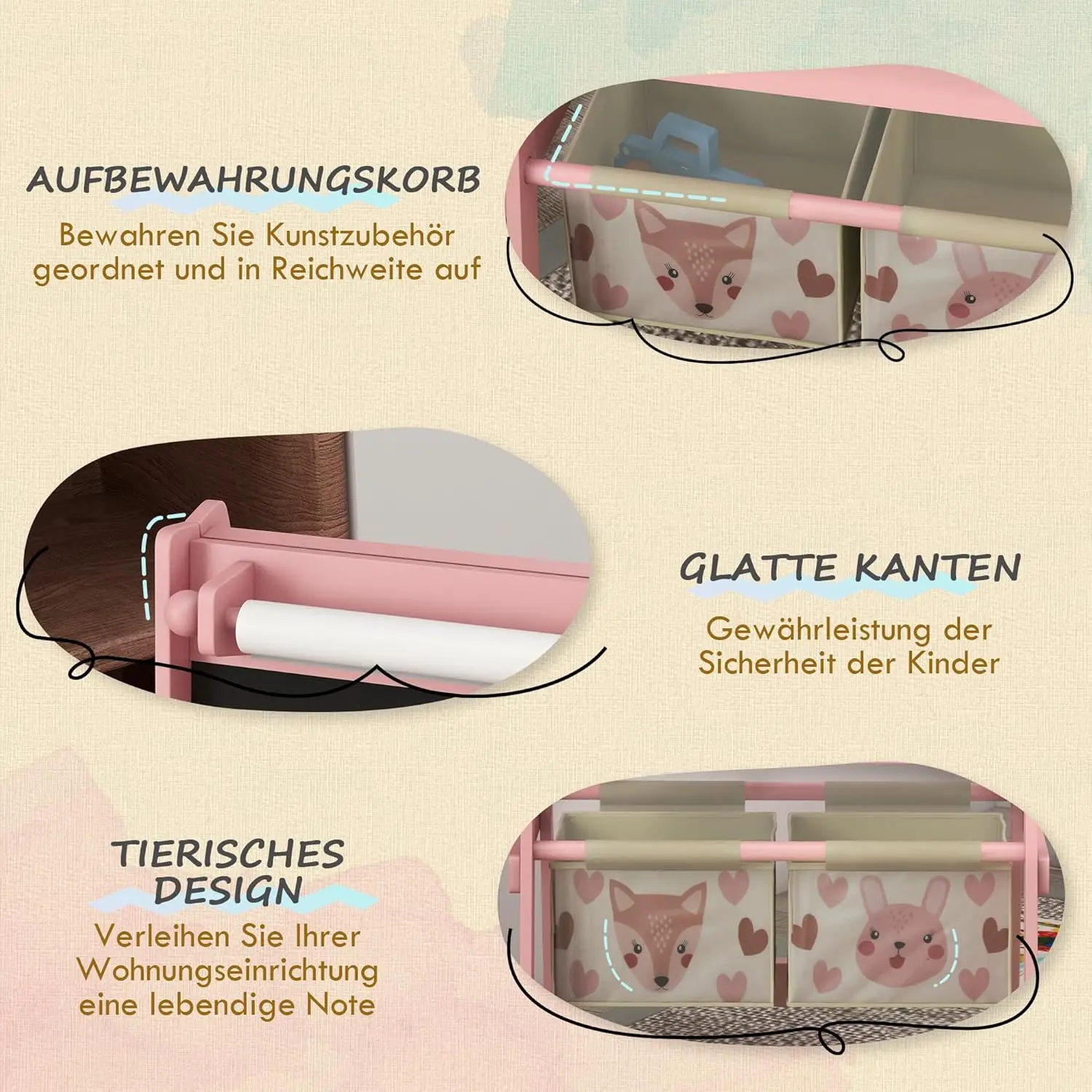 حامل فني للأطفال 3 في 1 مع سبورة بيضاء ولفة ورق وسلال تخزين بتصميم حيوانات وردية للأعمار من 3 إلى 8 سنوات #4