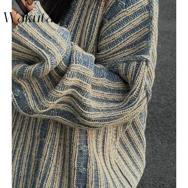 WAKUTA French Retro Round Neck Long-sleeved  Y2K Sweaters Fashion Autumn Coarse Tweed Loose Pullovers Oversized Sweater Women