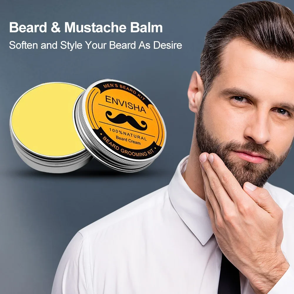 1Set Men Beard Grooming Kit 5-in-1 Mustache Beard Hair Growth Oil Styling Tool Beard Essential Balm Comb Moisturize Wax Scissor