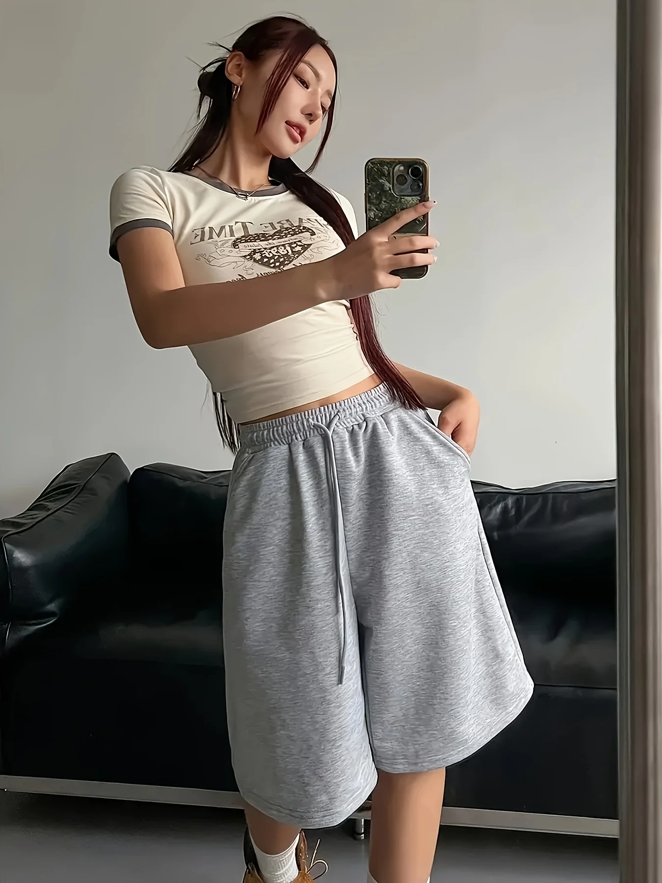 Street Retro Elastic Waist Wide Leg Shorts, Gray Straight Cut Five Inch Shorts, Loose Shorts